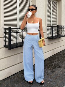 FavEase 女款休閒性感通勤度假海灘條紋直筒長褲 藍白條紋 秋冬款 - 白色 - 查看 4