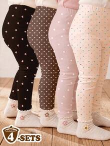 SHEIN 溫柔百搭迷你波點與愛心系列，女嬰可愛舒適休閒彈性內搭褲4件組，適合秋冬日常穿著，輕鬆舒適，休閒穿搭，新季節 - 彩色 - 查看 1