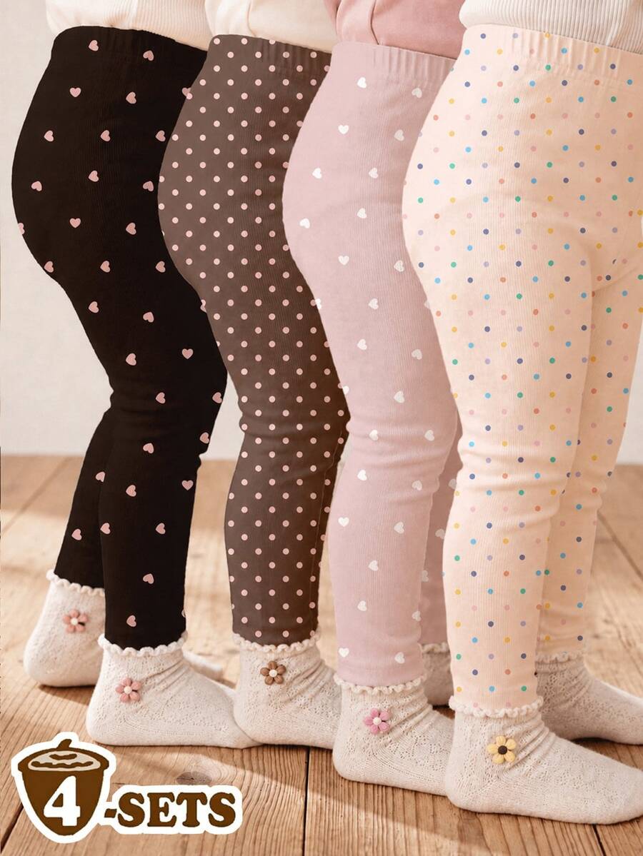 SHEIN 溫柔百搭迷你波點與愛心系列,女嬰可愛舒適休閒彈性內搭褲4件組,適合秋冬日常穿著,輕鬆舒適,休閒穿搭,新季節 - 彩色 - 查看 1