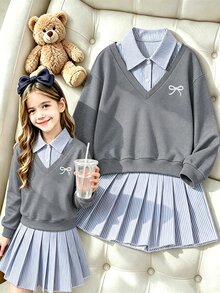 SHEIN Tween女孩2件組寬鬆針織休閒秋季套裝，卡通百褶條紋上衣與娃娃裙，韓系後拉式上衣 - 灰色 - 查看 2