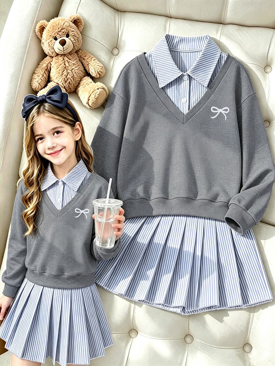 SHEIN Tween女孩2件組寬鬆針織休閒秋季套裝，卡通百褶條紋上衣與娃娃裙，韓系後拉式上衣
