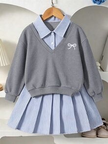 SHEIN Tween女孩2件組寬鬆針織休閒秋季套裝，卡通百褶條紋上衣與娃娃裙，韓系後拉式上衣 - 灰色 - 查看 4