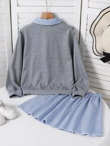 SHEIN Tween女孩2件組寬鬆針織休閒秋季套裝，卡通百褶條紋上衣與娃娃裙，韓系後拉式上衣 - 灰色 - 查看 3