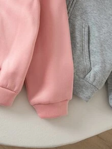 SHEIN طقم سويت شيرت خريفي بقلنسوة وأكمام طويلة وجيب وأمامية بسحاب بلون موحد للفتيات الصغيرات، 2 قطعة - متعدد الألوان - مشاهدة 7