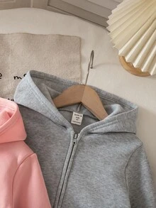 SHEIN طقم سويت شيرت خريفي بقلنسوة وأكمام طويلة وجيب وأمامية بسحاب بلون موحد للفتيات الصغيرات، 2 قطعة - متعدد الألوان - مشاهدة 8
