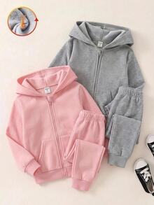 SHEIN طقم سويت شيرت خريفي بقلنسوة وأكمام طويلة وجيب وأمامية بسحاب بلون موحد للفتيات الصغيرات، 2 قطعة - متعدد الألوان - مشاهدة 2