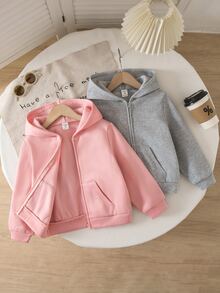 SHEIN طقم سويت شيرت خريفي بقلنسوة وأكمام طويلة وجيب وأمامية بسحاب بلون موحد للفتيات الصغيرات، 2 قطعة - متعدد الألوان - مشاهدة 5