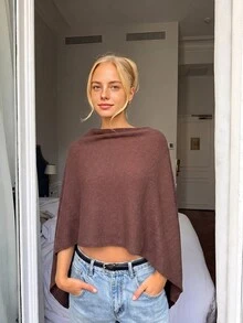 Selianne 女款秋冬復古文藝風披肩針織毛衣，船領、不對稱下擺、寬鬆版型，休閒早午餐旅行摩卡棕色 - 巧克力棕 - 查看 9