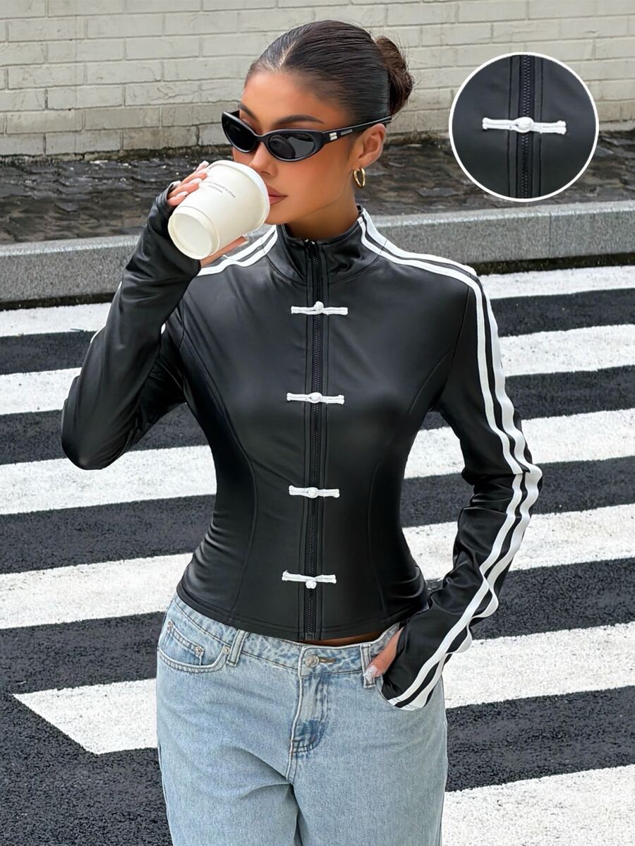 Muchica Women's New Autumn Black Elastic PU Leather Woven Tape Patchwork Frog Button Jacket For Going Out, Streetwear, Y2K - Black - View 1