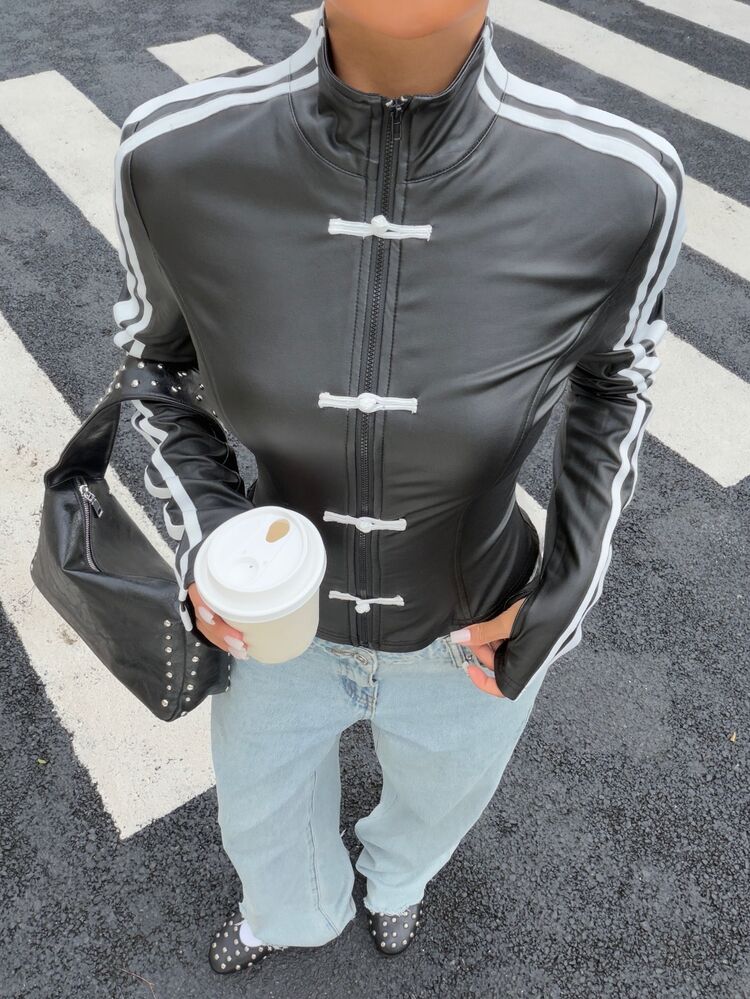 Muchica Women's New Autumn Black Elastic PU Leather Woven Tape Patchwork Frog Button Jacket For Going Out, Streetwear, Y2K - Black - View 6