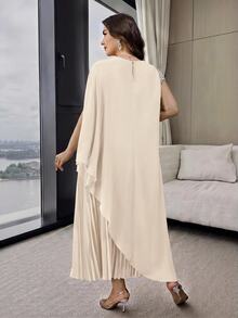 Modelyn Plus Size Women's Faux Pearl Decor Long Top And Pleated Skirt Casual Daily 2-Piece Set - Apricot - View 7