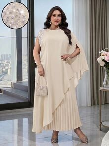 Modelyn Plus Size Women's Faux Pearl Decor Long Top And Pleated Skirt Casual Daily 2-Piece Set - Apricot - View 6