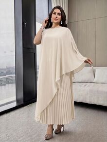Modelyn Plus Size Women's Faux Pearl Decor Long Top And Pleated Skirt Casual Daily 2-Piece Set - Apricot - View 9