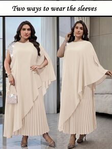 Modelyn Plus Size Women's Faux Pearl Decor Long Top And Pleated Skirt Casual Daily 2-Piece Set - Apricot - View 2