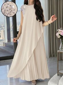 Modelyn Plus Size Women's Faux Pearl Decor Long Top And Pleated Skirt Casual Daily 2-Piece Set - Apricot - View 1