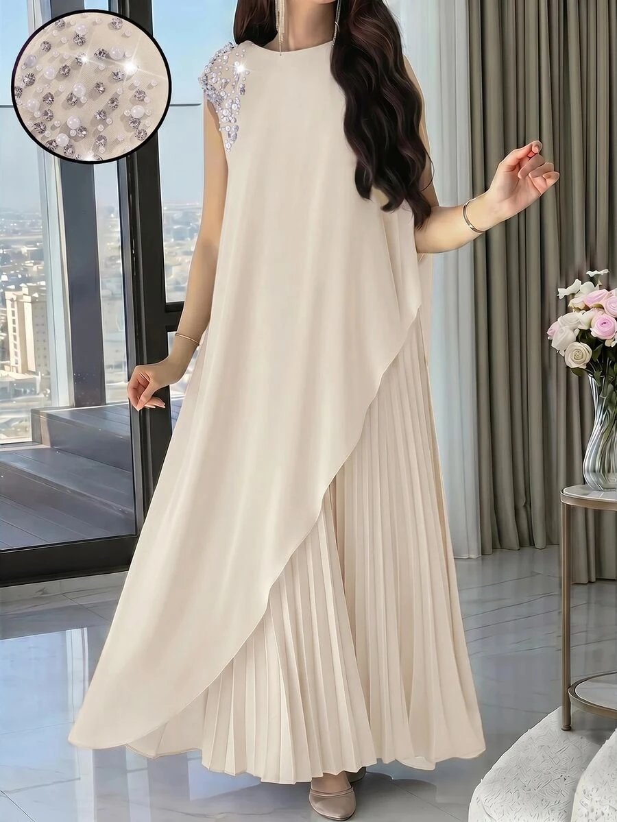 Modelyn Plus Size Women's Faux Pearl Decor Long Top And Pleated Skirt Casual Daily 2-Piece Set - Apricot - View 1