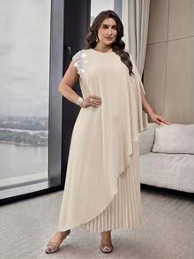 Modelyn Plus Size Women's Faux Pearl Decor Long Top And Pleated Skirt Casual Daily 2-Piece Set - Apricot - View 8
