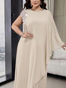 Modelyn Plus Size Women's Faux Pearl Decor Long Top And Pleated Skirt Casual Daily 2-Piece Set - Apricot - View 5