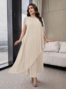 Modelyn Plus Size Women's Faux Pearl Decor Long Top And Pleated Skirt Casual Daily 2-Piece Set - Apricot - View 4