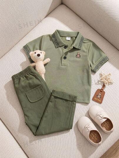 Souflis Souflis 2pcs/Set Newborn Baby Boy 0-3Y Military Green Short Sleeve Polo Shirt & Casual Military Green Pants Outfit, Suitable For Outings, Leisure, School And Other Occasions