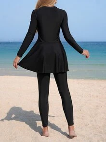 Swim Mulvari Setelan 2 Potong Wanita Musim Semi/Panas Terbaru, Modis, Bergaya Sporty, Terdiri dari Gaun dan Celana. - Hitam - View 7