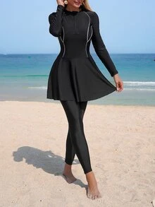 Swim Mulvari Setelan 2 Potong Wanita Musim Semi/Panas Terbaru, Modis, Bergaya Sporty, Terdiri dari Gaun dan Celana. - Hitam - View 8