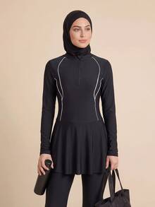 Swim Mulvari Setelan 2 Potong Wanita Musim Semi/Panas Terbaru, Modis, Bergaya Sporty, Terdiri dari Gaun dan Celana. - Hitam - View 2