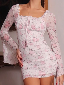 juhmazzocco White And Pink Floral Print Tie Front Pleated Bust Ruffle Long Sleeve Summer Cottage Core Dates Dress For Hawaiian Vacation Birthday Music Elegant - Multicolor - View 4