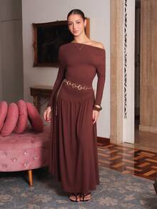 juhmazzocco Women's Autumn/Winter Coffee Color Plunging Necklace Decor Long Sleeve Simple Elegant Dress - Coffee Brown - View 3
