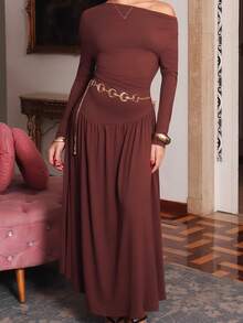 juhmazzocco Women's Autumn/Winter Coffee Color Plunging Necklace Decor Long Sleeve Simple Elegant Dress - Coffee Brown - View 4