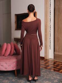 juhmazzocco Women's Autumn/Winter Coffee Color Plunging Necklace Decor Long Sleeve Simple Elegant Dress - Coffee Brown - View 2