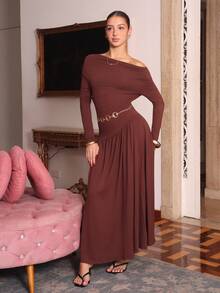 juhmazzocco Women's Autumn/Winter Coffee Color Plunging Necklace Decor Long Sleeve Simple Elegant Dress - Coffee Brown - View 1