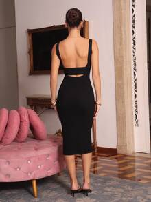 juhmazzocco Women's Sweater Dress Spaghetti Strap Backless Bodycon Midi Dress School Black - Black - View 2