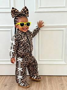 SHEIN Playful Pals 嬰兒幼兒 2件組女嬰可愛豹紋拉鍊外套與長褲套裝，附蝴蝶結，休閒可愛秋冬運動休閒套裝，適合 0-3 歲 - 彩色 - 查看 2