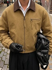 AXEPEAK 男士休閒夾克，翻領、長袖、前拉鍊設計 - 駝色 - 查看 1