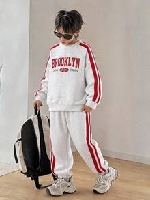 SHEIN 青少年男孩秋冬兩件套長袖運動衫與慢跑褲，舒適百搭休閒日常時尚運動簡約基本款，適合室內、戶外、日常、運動、玩耍、派對、攝影、度假、假日，四季皆宜 - 淺灰色 - 查看 6