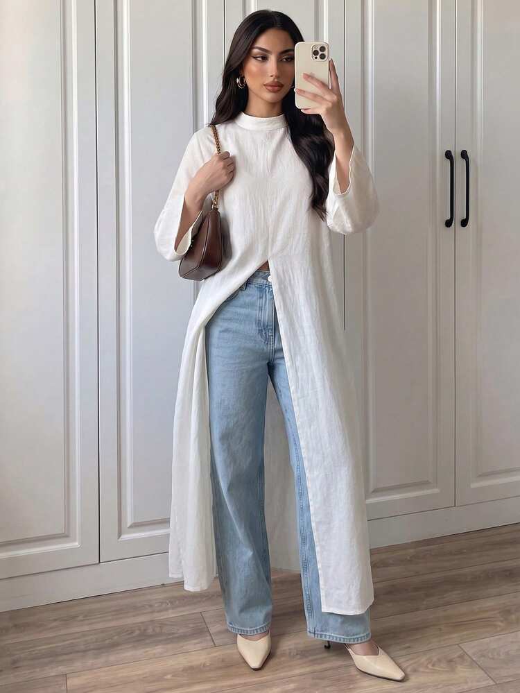 Elenzga Cream White Pleated Blazer-Style Mock Neck Loose Long Sleeve Dress With Side Slits, 100% Cotton Outerwear For Cafe And Daily Shopping Fall/Winter - White - View 5