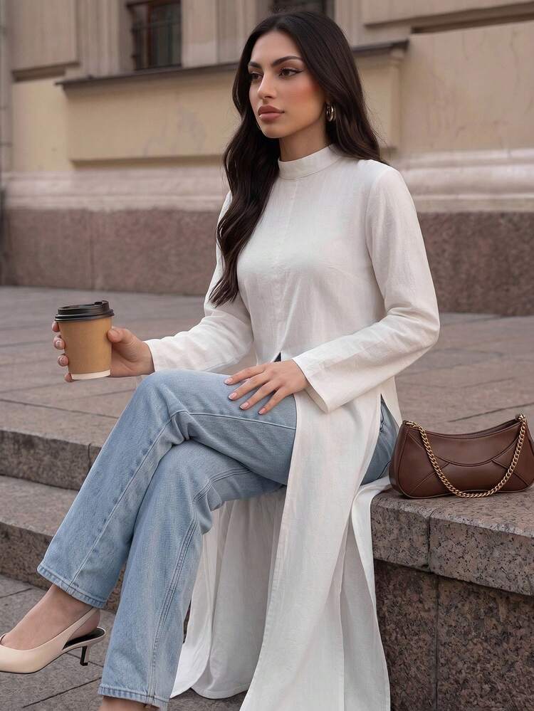 Elenzga Cream White Pleated Blazer-Style Mock Neck Loose Long Sleeve Dress With Side Slits, 100% Cotton Outerwear For Cafe And Daily Shopping Fall/Winter - White - View 6