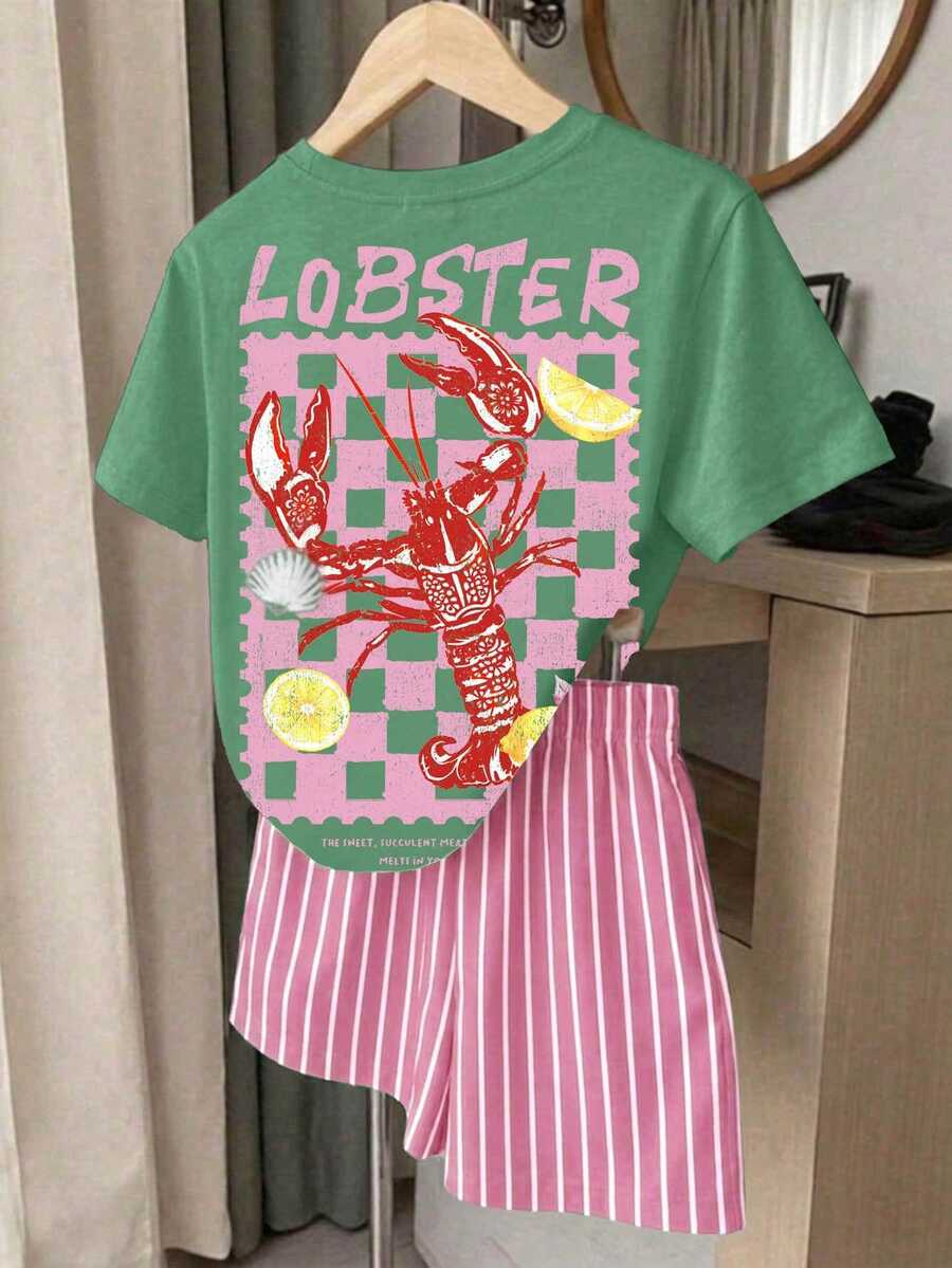 時尚拼色復古海灘風龍蝦條紋圖案青少年女孩休閒簡約寬鬆圓領短袖T恤&休閒短褲2件組,適合春夏日常、休閒、出遊、度假、校園穿搭 - 彩色 - 查看 1