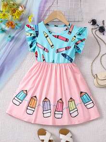 SHEIN Elladie kids (隨機款式，2套隨機) 返校季女童幼兒 ABC 巴士 彩色鉛筆 蘋果 彩色花朵 愛心 彩虹 波點 格紋 短袖 T 恤與短褲套裝 - 彩色 - 查看 9
