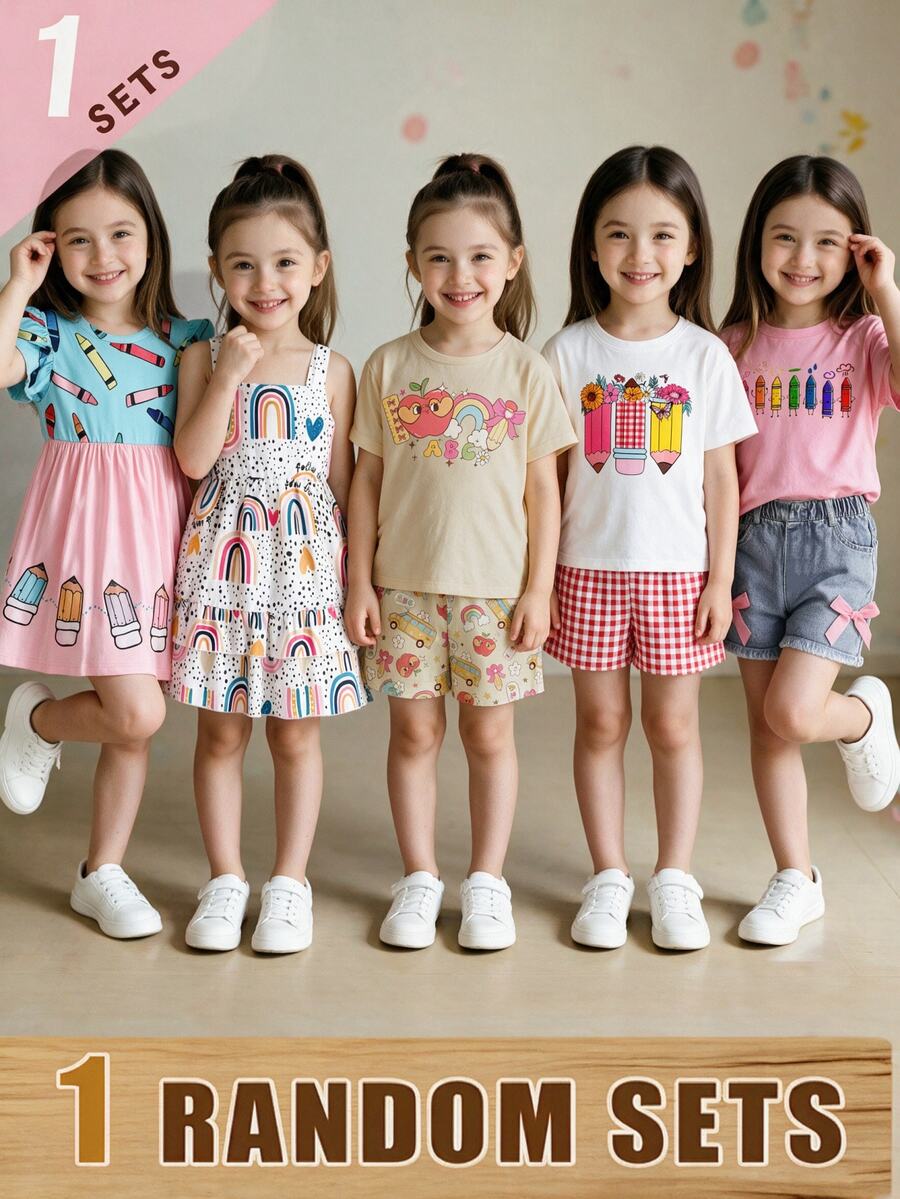 SHEIN Elladie kids (隨機款式，2套隨機) 返校季女童幼兒 ABC 巴士 彩色鉛筆 蘋果 彩色花朵 愛心 彩虹 波點 格紋 短袖 T 恤與短褲套裝 - 彩色 - 查看 1