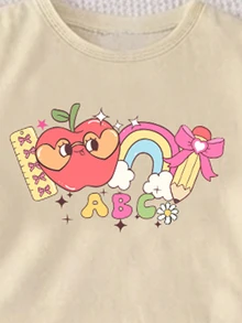 SHEIN Elladie kids (隨機款式，2套隨機) 返校季女童幼兒 ABC 巴士 彩色鉛筆 蘋果 彩色花朵 愛心 彩虹 波點 格紋 短袖 T 恤與短褲套裝 - 彩色 - 查看 6