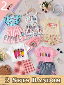 SHEIN Elladie kids (隨機款式，2套隨機) 返校季女童幼兒 ABC 巴士 彩色鉛筆 蘋果 彩色花朵 愛心 彩虹 波點 格紋 短袖 T 恤與短褲套裝 - 彩色 - 查看 3