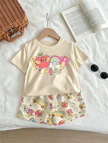 SHEIN Elladie kids (隨機款式，2套隨機) 返校季女童幼兒 ABC 巴士 彩色鉛筆 蘋果 彩色花朵 愛心 彩虹 波點 格紋 短袖 T 恤與短褲套裝 - 彩色 - 查看 5