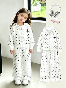 SHEIN Elladie kids 女童連帽T恤套裝，休閒可愛學院風，寬鬆連帽波點設計，適合秋季開學、戶外運動與日常穿著，舒適穿搭 - 白色 - 查看 4