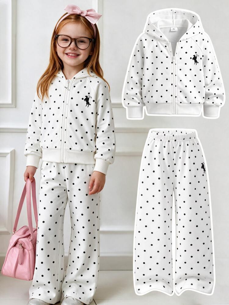 SHEIN Elladie kids Young Girls Hooded T-Shirt Set, Casual, Cute, Preppy, Loose, Hoodie, Polka Dot, Fall, Back To School, Outdoor, Sports, Daily, Comfortable, Outfit - White - View 2