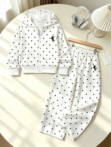 SHEIN Elladie kids 女童連帽T恤套裝，休閒可愛學院風，寬鬆連帽波點設計，適合秋季開學、戶外運動與日常穿著，舒適穿搭 - 白色 - 查看 14