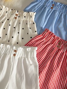 SHEIN 女童幼兒極簡百搭休閒四件短褲套裝，夏季款，一件清新藍白細條紋，乾淨療癒；一件活潑紅白格紋；一件純白色，極簡乾淨，帶有隨性質感；一件波點印花，像曬過太陽的小太陽般活潑有活力 - 彩色 - 查看 8