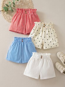 SHEIN 女童幼兒極簡百搭休閒四件短褲套裝，夏季款，一件清新藍白細條紋，乾淨療癒；一件活潑紅白格紋；一件純白色，極簡乾淨，帶有隨性質感；一件波點印花，像曬過太陽的小太陽般活潑有活力 - 彩色 - 查看 9