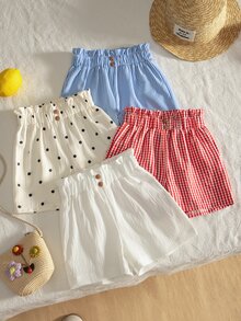 SHEIN 女童幼兒極簡百搭休閒四件短褲套裝，夏季款，一件清新藍白細條紋，乾淨療癒；一件活潑紅白格紋；一件純白色，極簡乾淨，帶有隨性質感；一件波點印花，像曬過太陽的小太陽般活潑有活力 - 彩色 - 查看 5